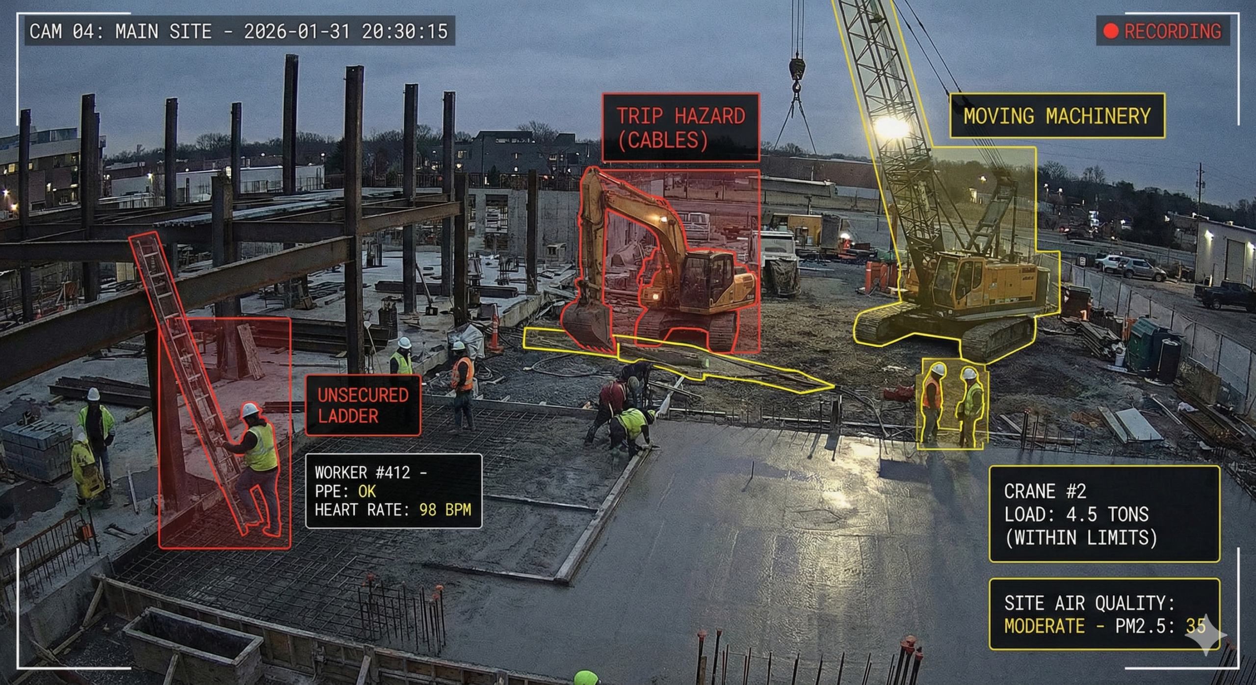 A photo-realistic CCTV camera view of a construction site at dusk. Digital overlays identify hazards like 'Unsecured Ladder' and 'Trip Hazard' in red boxes, while yellow boxes track 'Moving Machinery.' A data panel shows real-time worker vitals and site air quality.